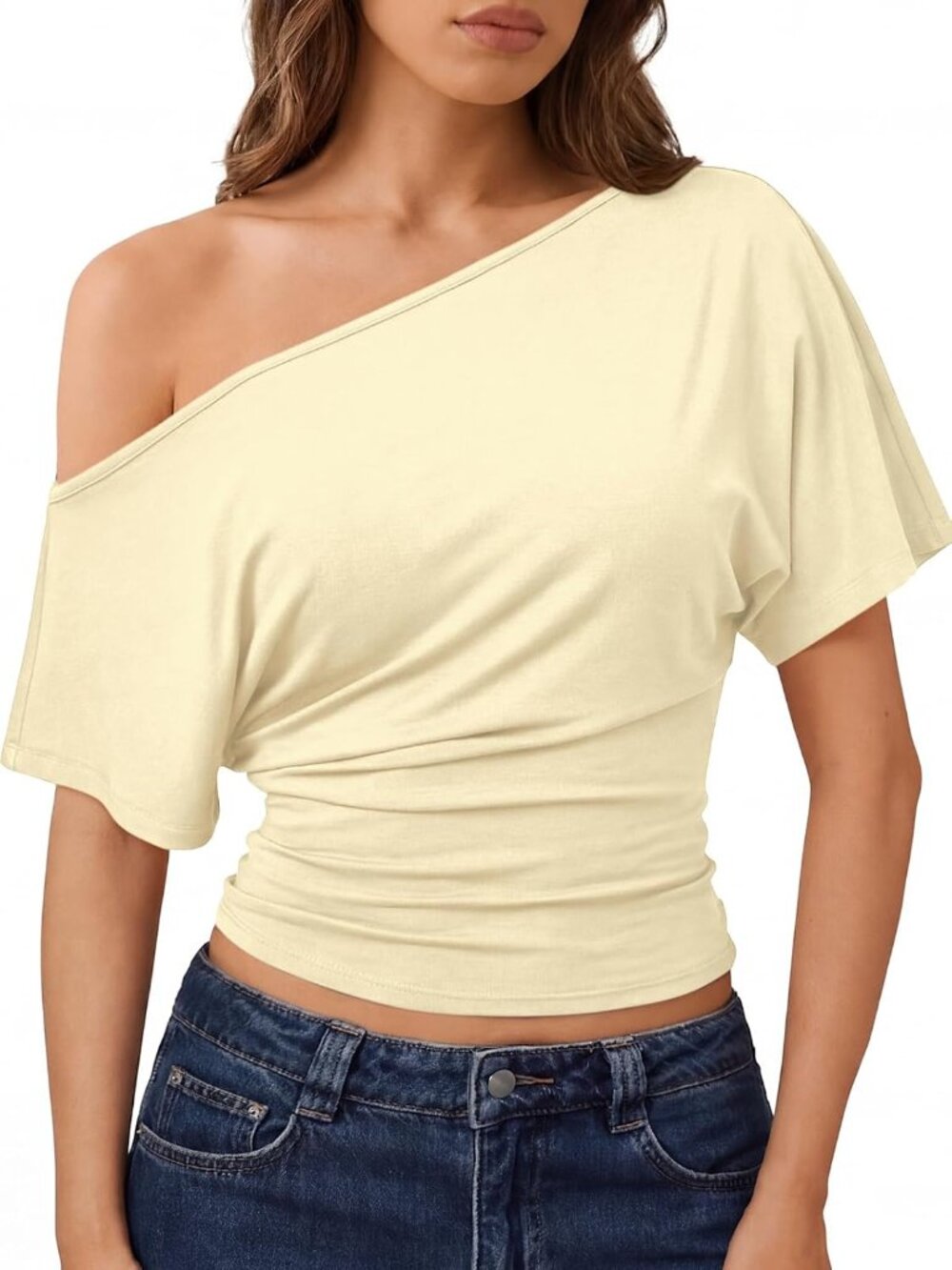 〽️ Women's Creamy Yellow Off Shoulder Y2k Shirt Cinched Waist Casual Crop Top